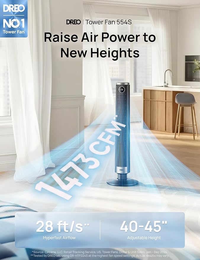 Smart 40”-45” Tower Fan for Bedroom, Adjustable Height, 28 ft/s Velocity, DC Motor, 9 Speeds, 4 Modes, 90°Oscillating
