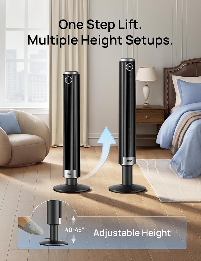 Smart 40”-45” Tower Fan for Bedroom, Adjustable Height, 28 ft/s Velocity, DC Motor, 9 Speeds, 4 Modes, 90°Oscillating