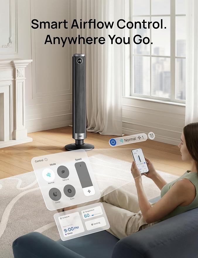 Smart 40”-45” Tower Fan for Bedroom, Adjustable Height, 28 ft/s Velocity, DC Motor, 9 Speeds, 4 Modes, 90°Oscillating
