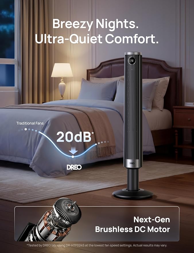 Smart 40”-45” Tower Fan for Bedroom, Adjustable Height, 28 ft/s Velocity, DC Motor, 9 Speeds, 4 Modes, 90°Oscillating