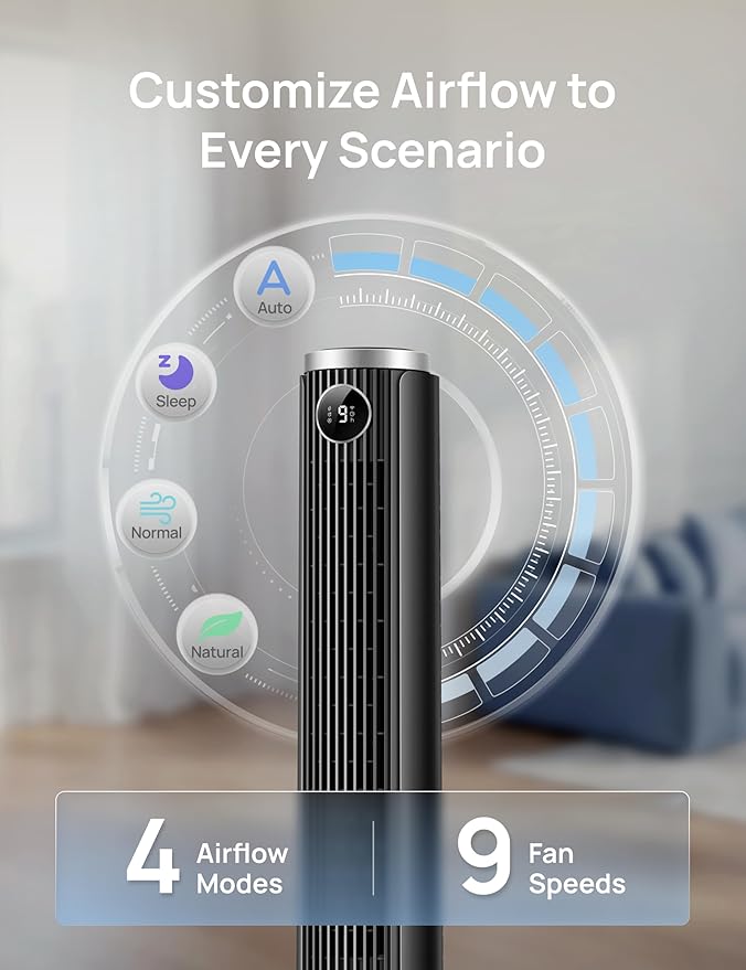 Smart 40”-45” Tower Fan for Bedroom, Adjustable Height, 28 ft/s Velocity, DC Motor, 9 Speeds, 4 Modes, 90°Oscillating