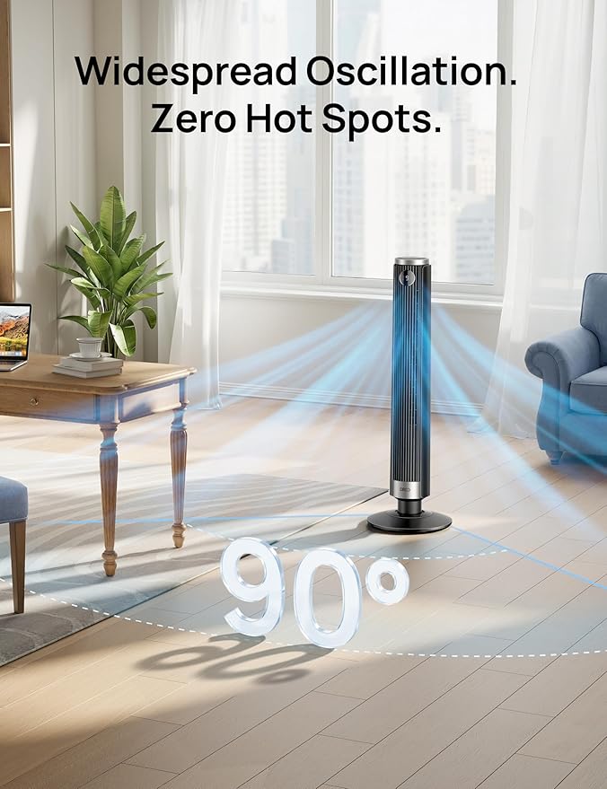 Smart 40”-45” Tower Fan for Bedroom, Adjustable Height, 28 ft/s Velocity, DC Motor, 9 Speeds, 4 Modes, 90°Oscillating