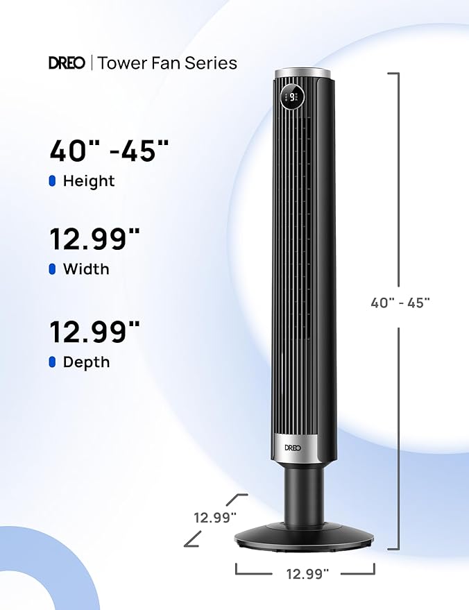 Smart 40”-45” Tower Fan for Bedroom, Adjustable Height, 28 ft/s Velocity, DC Motor, 9 Speeds, 4 Modes, 90°Oscillating