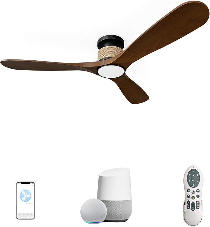 Smart 52 Inch Wood Flush Mount Ceiling Fans with Lights, Rustic Hemp Rope Ceiling Fan with Remote Alexa Voice and App