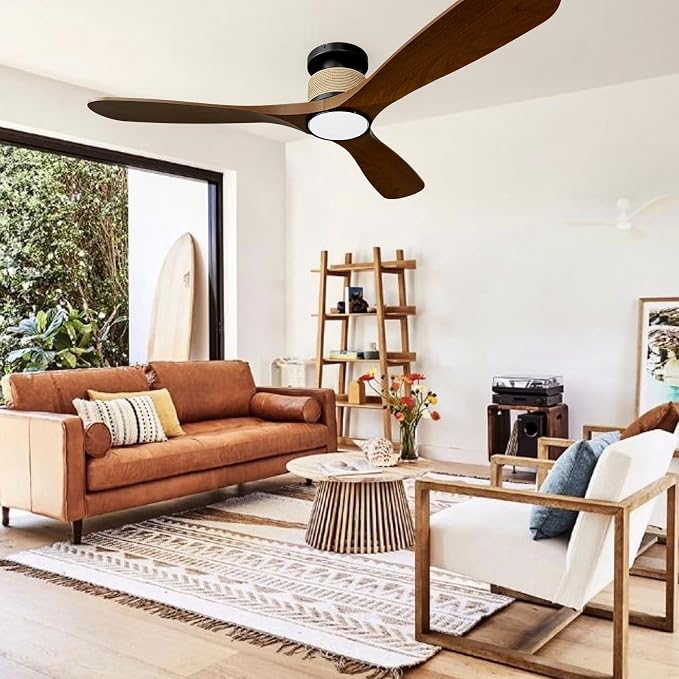 Smart 52 Inch Wood Flush Mount Ceiling Fans with Lights, Rustic Hemp Rope Ceiling Fan with Remote Alexa Voice and App
