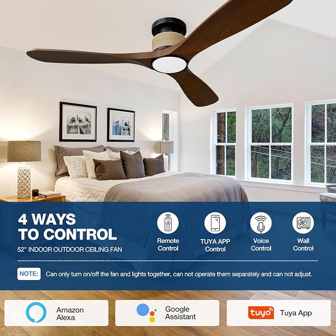 Smart 52 Inch Wood Flush Mount Ceiling Fans with Lights, Rustic Hemp Rope Ceiling Fan with Remote Alexa Voice and App