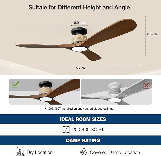 Smart 52 Inch Wood Flush Mount Ceiling Fans with Lights, Rustic Hemp Rope Ceiling Fan with Remote Alexa Voice and App