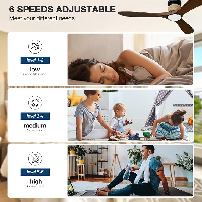 Smart 52 Inch Wood Flush Mount Ceiling Fans with Lights, Rustic Hemp Rope Ceiling Fan with Remote Alexa Voice and App