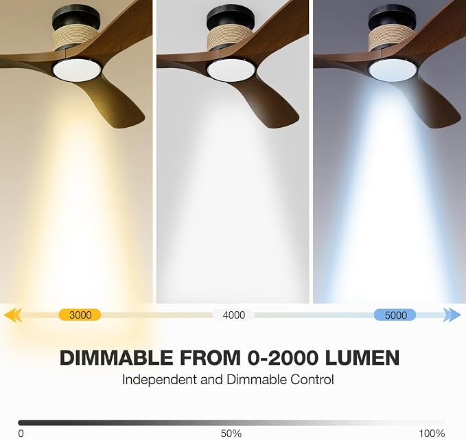 Smart 52 Inch Wood Flush Mount Ceiling Fans with Lights, Rustic Hemp Rope Ceiling Fan with Remote Alexa Voice and App