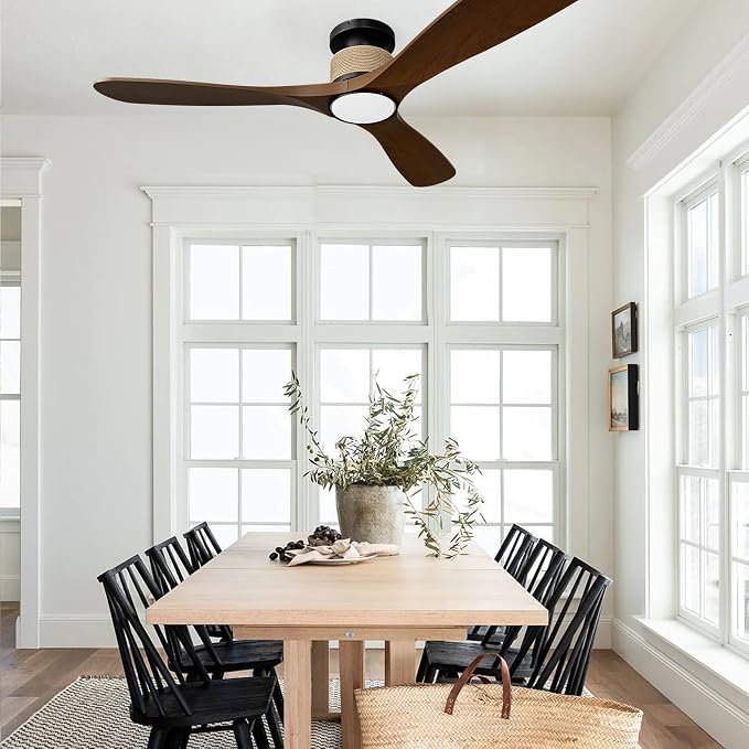 Smart 52 Inch Wood Flush Mount Ceiling Fans with Lights, Rustic Hemp Rope Ceiling Fan with Remote Alexa Voice and App
