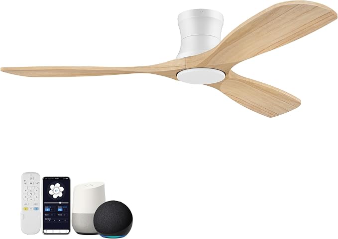 Smart 52” Wood Flush Mount Ceiling Fans with Lights and Remote, Quiet DC Motor, Outdoor Indoor Ultra Low Profile