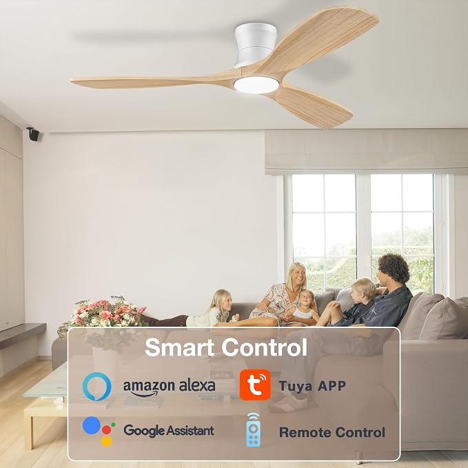 Smart 52” Wood Flush Mount Ceiling Fans with Lights and Remote, Quiet DC Motor, Outdoor Indoor Ultra Low Profile, alternate