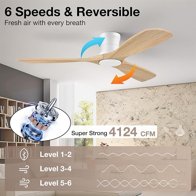 Smart 52” Wood Flush Mount Ceiling Fans with Lights and Remote, Quiet DC Motor, Outdoor Indoor Ultra Low Profile, alternate