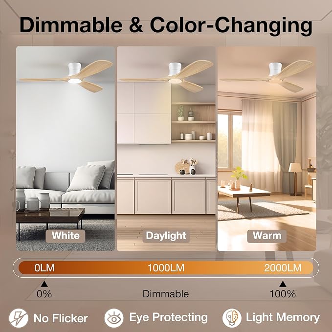 Smart 52” Wood Flush Mount Ceiling Fans with Lights and Remote, Quiet DC Motor, Outdoor Indoor Ultra Low Profile, alternate