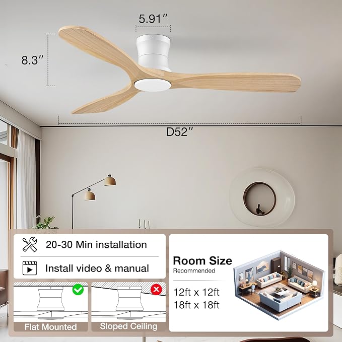 Smart 52” Wood Flush Mount Ceiling Fans with Lights and Remote, Quiet DC Motor, Outdoor Indoor Ultra Low Profile, alternate