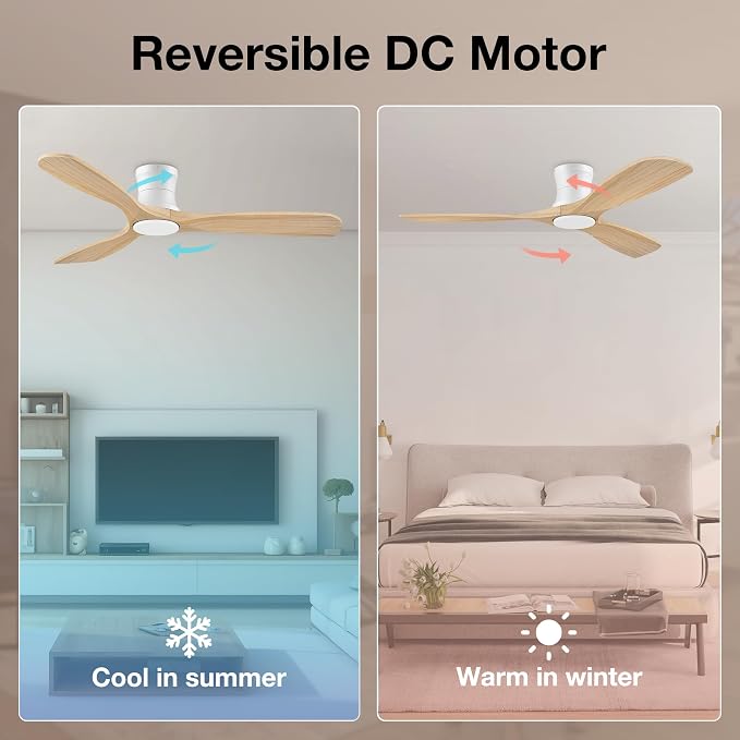 Smart 52” Wood Flush Mount Ceiling Fans with Lights and Remote, Quiet DC Motor, Outdoor Indoor Ultra Low Profile, alternate