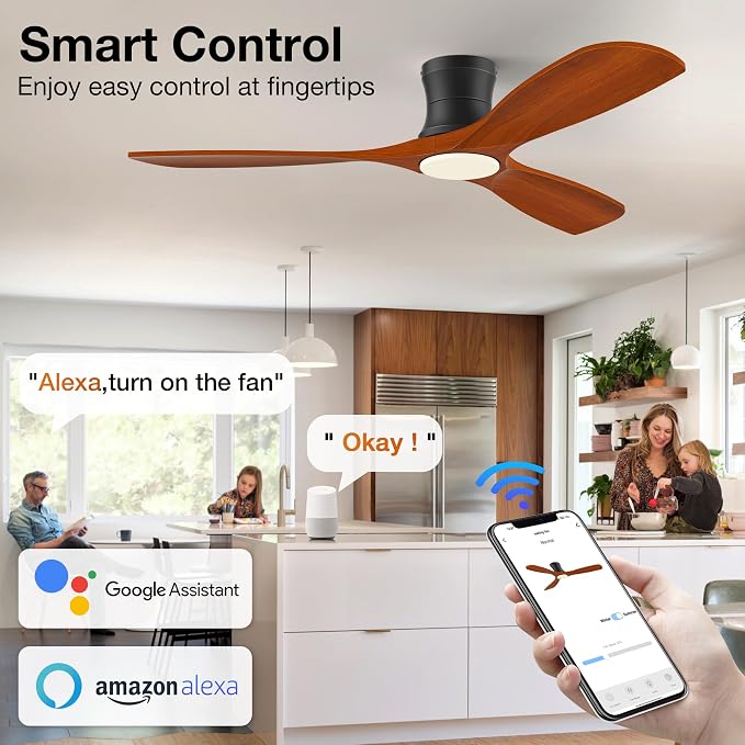 Smart 52” Wood Flush Mount Ceiling Fans with Lights Remote,Quiet DC Motor,Outdoor Indoor Low Profile Ceiling Fan,Voice