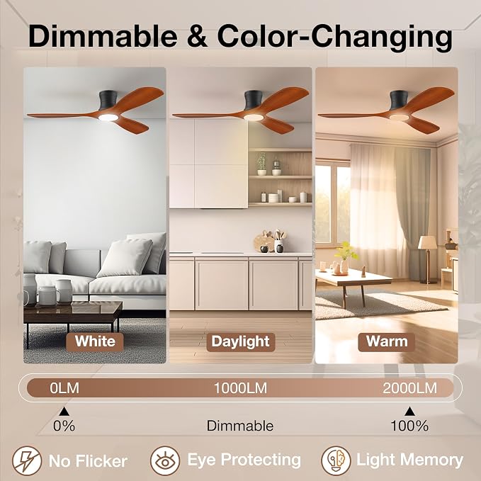 Smart 52” Wood Flush Mount Ceiling Fans with Lights Remote,Quiet DC Motor,Outdoor Indoor Low Profile Ceiling Fan,Voice