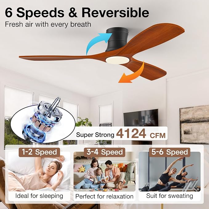 Smart 52” Wood Flush Mount Ceiling Fans with Lights Remote,Quiet DC Motor,Outdoor Indoor Low Profile Ceiling Fan,Voice