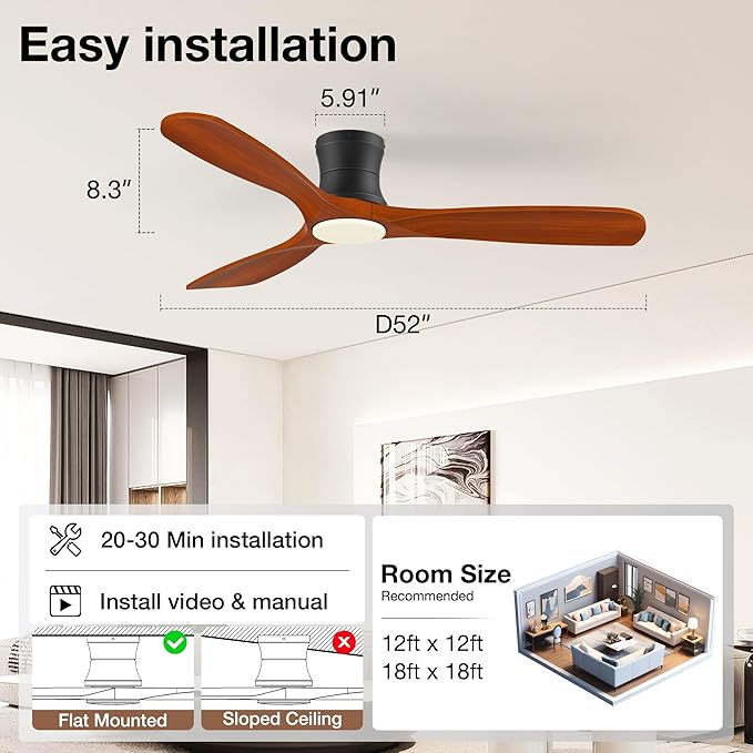 Smart 52” Wood Flush Mount Ceiling Fans with Lights Remote,Quiet DC Motor,Outdoor Indoor Low Profile Ceiling Fan,Voice