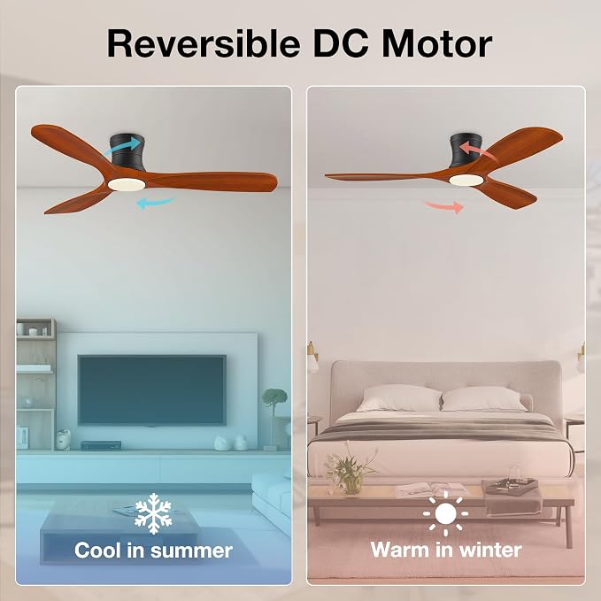 Smart 52” Wood Flush Mount Ceiling Fans with Lights Remote,Quiet DC Motor,Outdoor Indoor Low Profile Ceiling Fan,Voice
