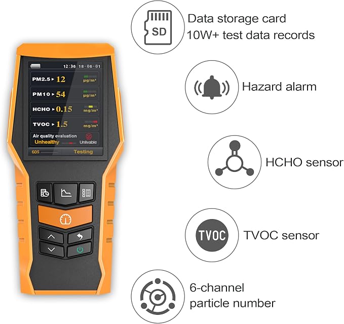 Smart Air Quality Meter Indoor 11-in-1 Air Monitor PM1.0 PM2.5 PM10 Dust TVOC VOC Detector HCHO Tester with Data Record for