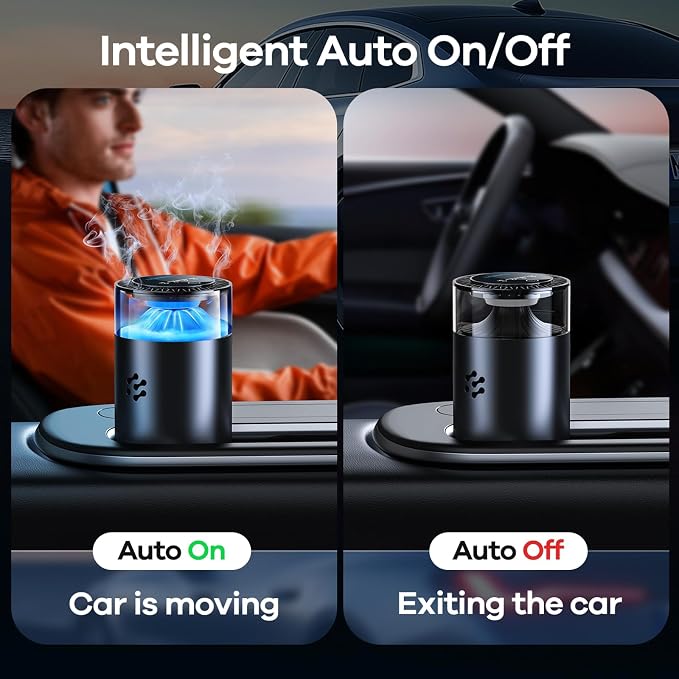 Smart Car Air Freshener, Automatic Car Air Freshener Diffuser with Ambient Light, Car Diffuser with 2 Essential Oil Box