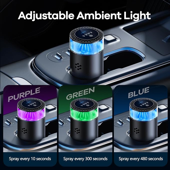 Smart Car Air Freshener, Automatic Car Air Freshener Diffuser with Ambient Light, Car Diffuser with 2 Essential Oil Box