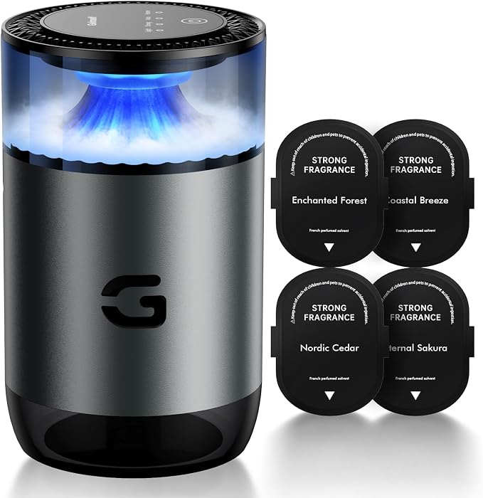 Smart Car Air Freshener Diffuser, Waterless Essential Oil Diffuser with 4 Modes, 4 Scent Refills, Auto On/Off, USB, product
