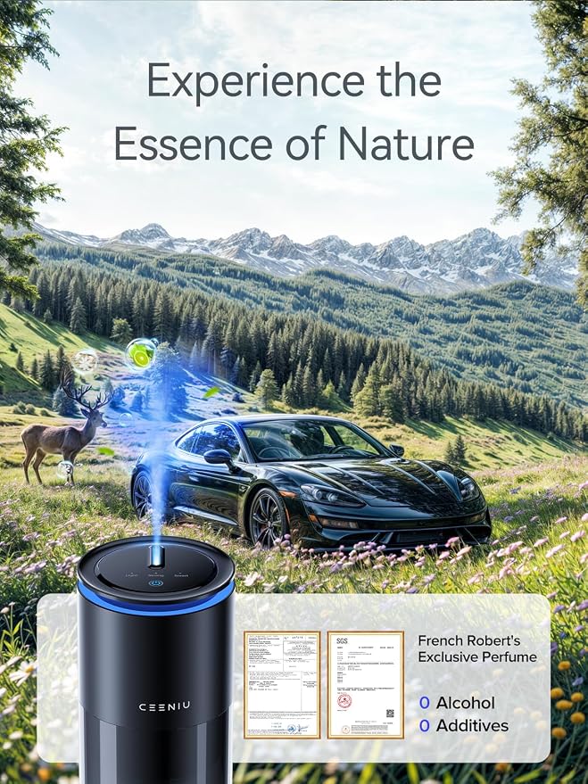 Smart Car Air Freshener, New Car Smell Scent, Enlarged Spray Nozzle, Advanced Ultrasonic Diffuser CF12 Pro, Auto On/Off