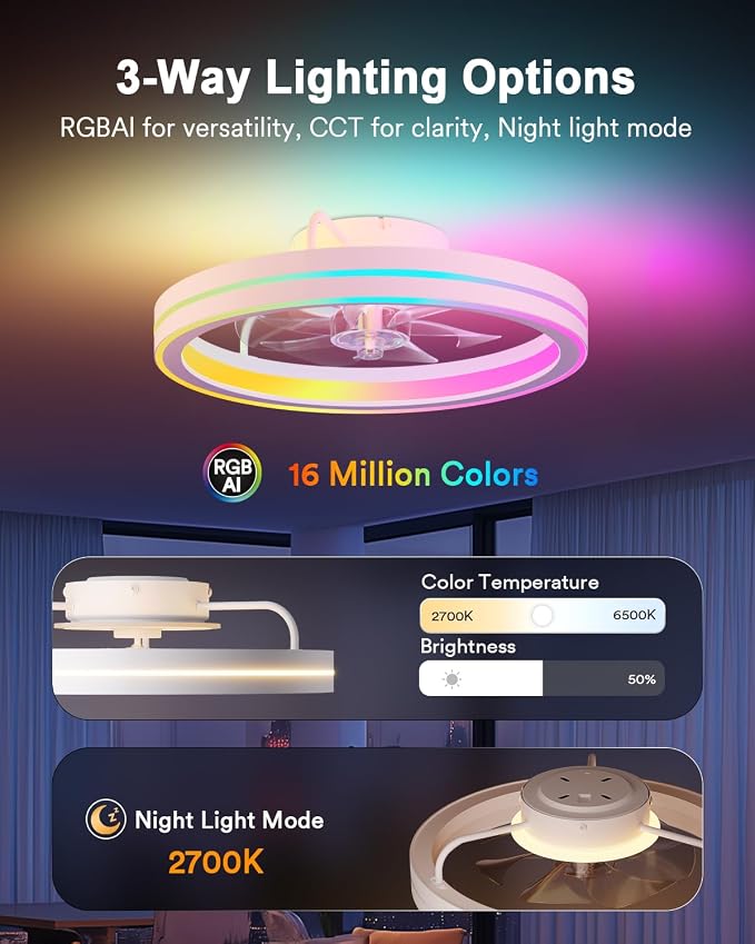 Smart Ceiling Fan Light with 2200K Nightlight, WiFi & Bluetooth Low Profile Ceiling Fan with Light Remote for Bedroom, RGBAI