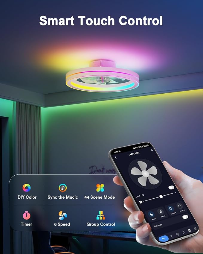Smart Ceiling Fan Light with 2200K Nightlight, WiFi & Bluetooth Low Profile Ceiling Fan with Light Remote for Bedroom, RGBAI