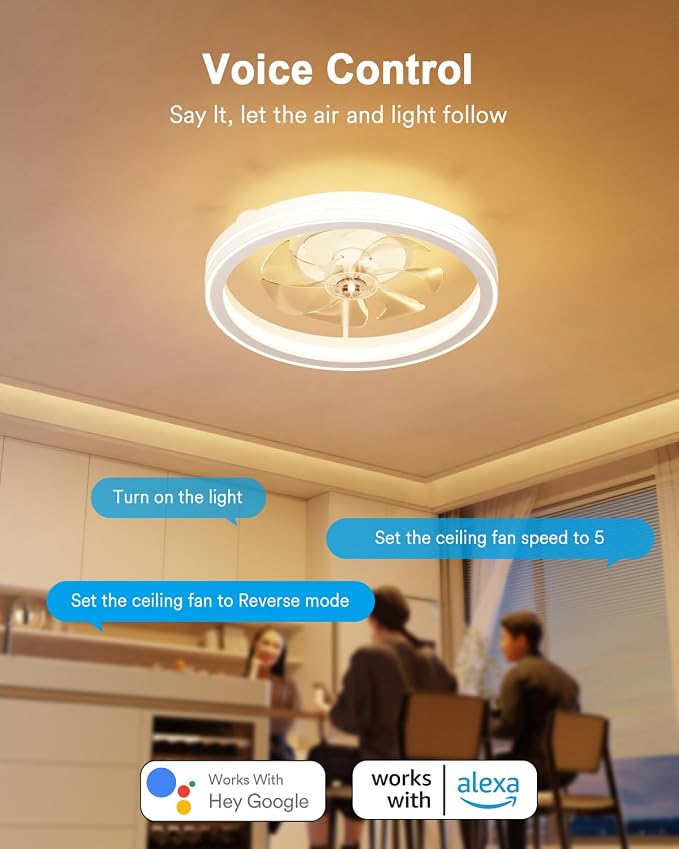Smart Ceiling Fan Light with 2200K Nightlight, WiFi & Bluetooth Low Profile Ceiling Fan with Light Remote for Bedroom, RGBAI