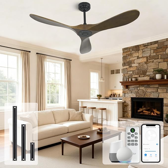 Smart Ceiling Fan no Light, 52 Inch Outdoor Ceiling Fan Without Light, Compatible with Alexa/Google/App, 3 Solid Wood Blades