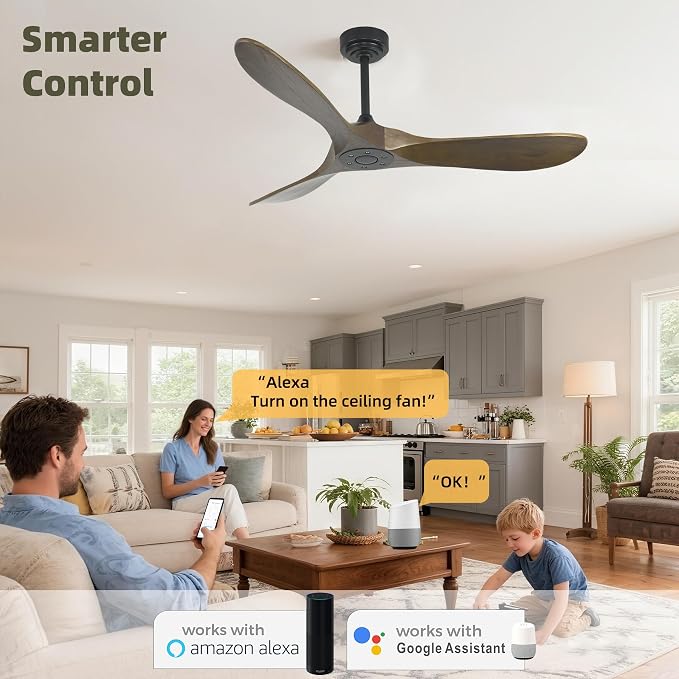 Smart Ceiling Fan no Light, 52 Inch Outdoor Ceiling Fan Without Light, Compatible with Alexa/Google/App, 3 Solid Wood Blades