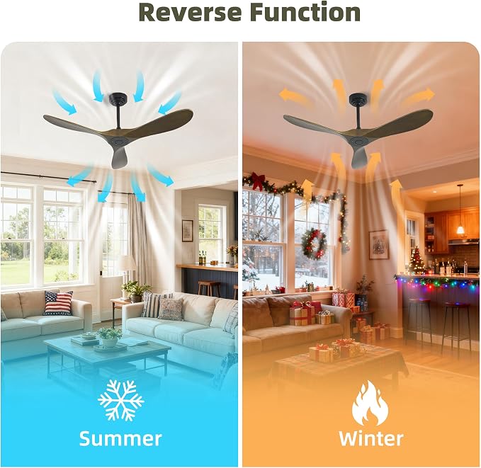 Smart Ceiling Fan no Light, 52 Inch Outdoor Ceiling Fan Without Light, Compatible with Alexa/Google/App, 3 Solid Wood Blades