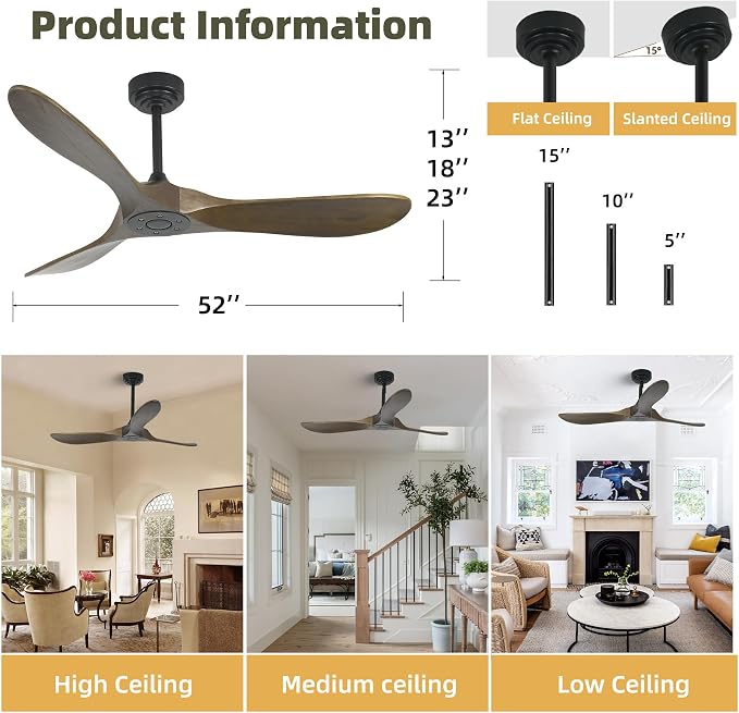 Smart Ceiling Fan no Light, 52 Inch Outdoor Ceiling Fan Without Light, Compatible with Alexa/Google/App, 3 Solid Wood Blades