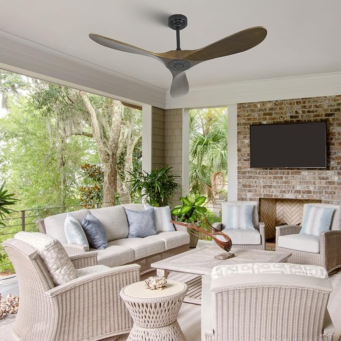 Smart Ceiling Fan no Light, 52 Inch Outdoor Ceiling Fan Without Light, Compatible with Alexa/Google/App, 3 Solid Wood Blades