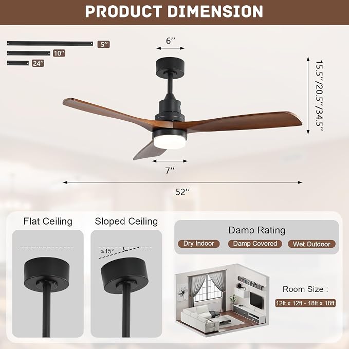 Smart Ceiling Fan with Light, 52 Inch Solid Wood Ceiling Fans with Lights and Remote,Work with Alexa/Google, Low Profile