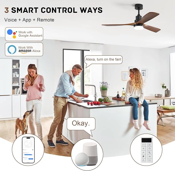 Smart Ceiling Fan with Light, 52 Inch Solid Wood Ceiling Fans with Lights and Remote,Work with Alexa/Google, Low Profile