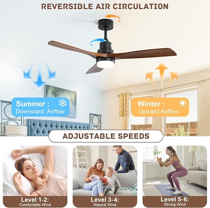 Smart Ceiling Fan with Light, 52 Inch Solid Wood Ceiling Fans with Lights and Remote,Work with Alexa/Google, Low Profile