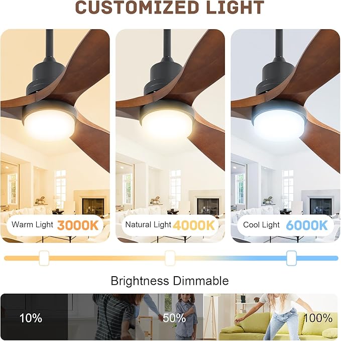 Smart Ceiling Fan with Light, 52 Inch Solid Wood Ceiling Fans with Lights and Remote,Work with Alexa/Google, Low Profile