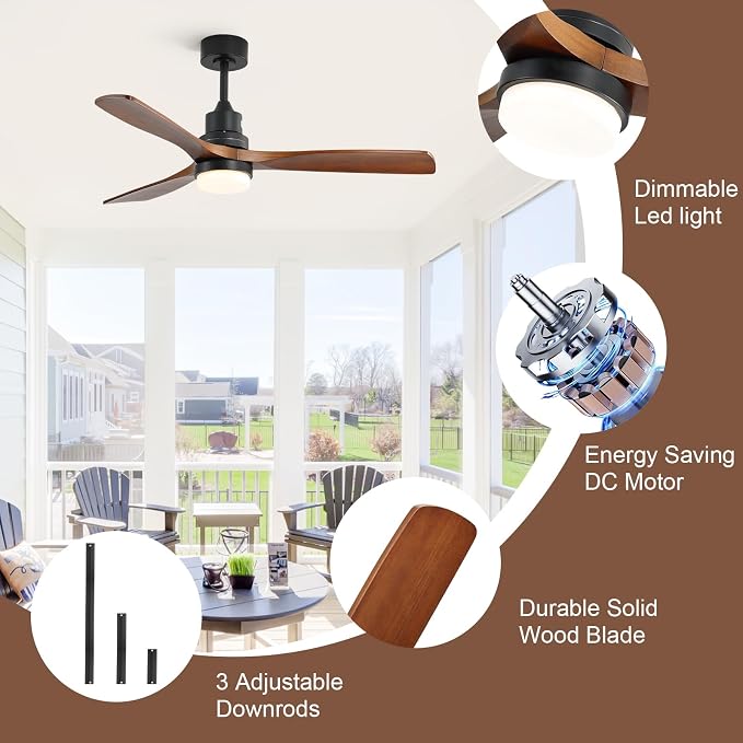 Smart Ceiling Fan with Light, 52 Inch Solid Wood Ceiling Fans with Lights and Remote,Work with Alexa/Google, Low Profile