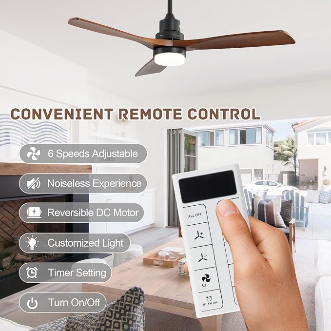 Smart Ceiling Fan with Light, 52 Inch Solid Wood Ceiling Fans with Lights and Remote,Work with Alexa/Google, Low Profile