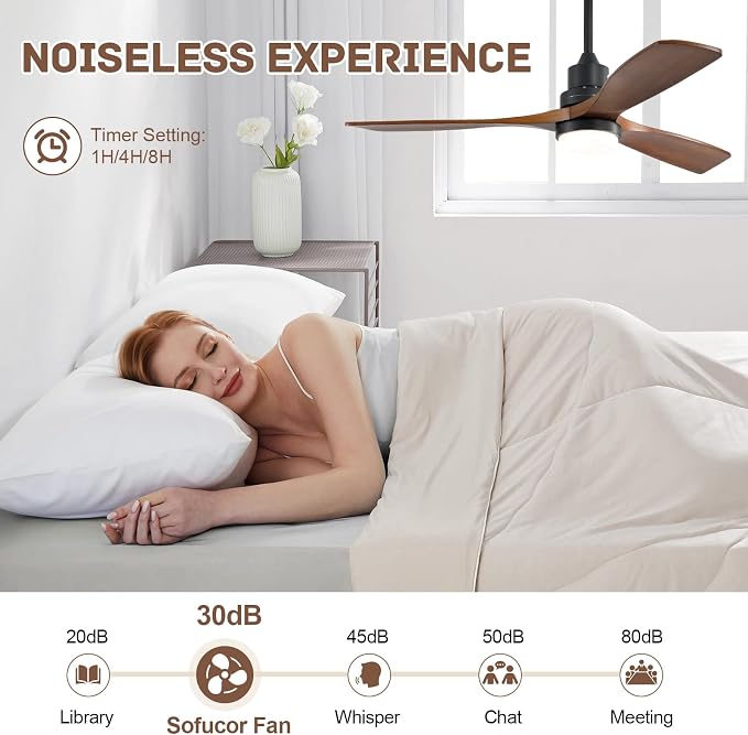 Smart Ceiling Fan with Light, 52 Inch Solid Wood Ceiling Fans with Lights and Remote,Work with Alexa/Google, Low Profile