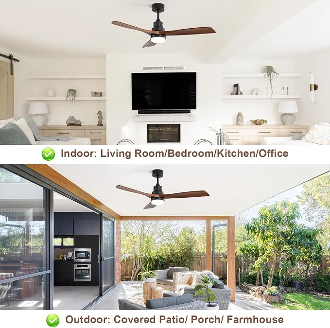 Smart Ceiling Fan with Light, 52 Inch Solid Wood Ceiling Fans with Lights and Remote,Work with Alexa/Google, Low Profile