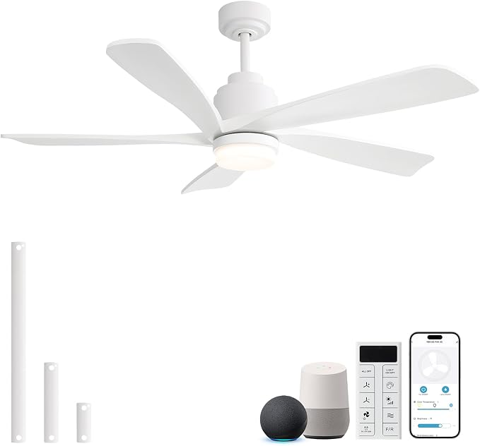 Smart Ceiling Fan with Lights and Remote, 52 Inch White Wood Ceiling Fan Working with Alexa/Google/App, Quiet DC Motor