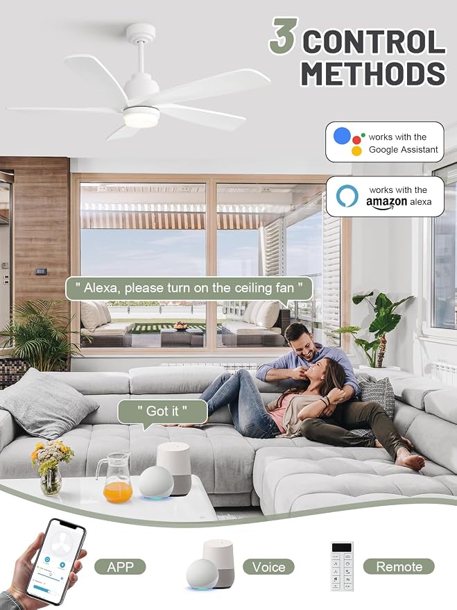 Smart Ceiling Fan with Lights and Remote, 52 Inch White Wood Ceiling Fan Working with Alexa/Google/App, Quiet DC Motor