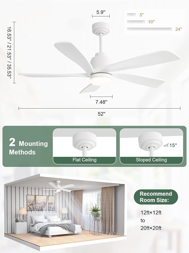 Smart Ceiling Fan with Lights and Remote, 52 Inch White Wood Ceiling Fan Working with Alexa/Google/App, Quiet DC Motor