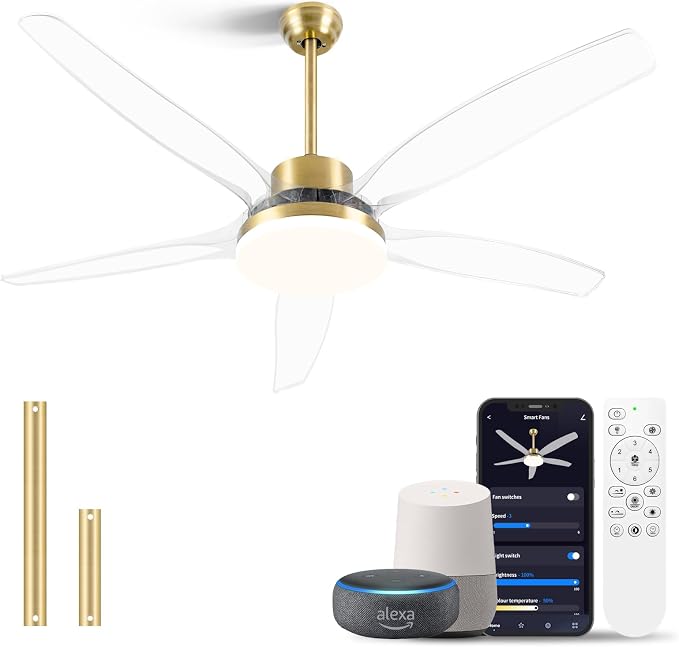 Smart Ceiling Fans with Light and Remote, Voice Control via WiFi Alexa App, 58 Inch Modern Clear Blades Gold Alexa Ceiling